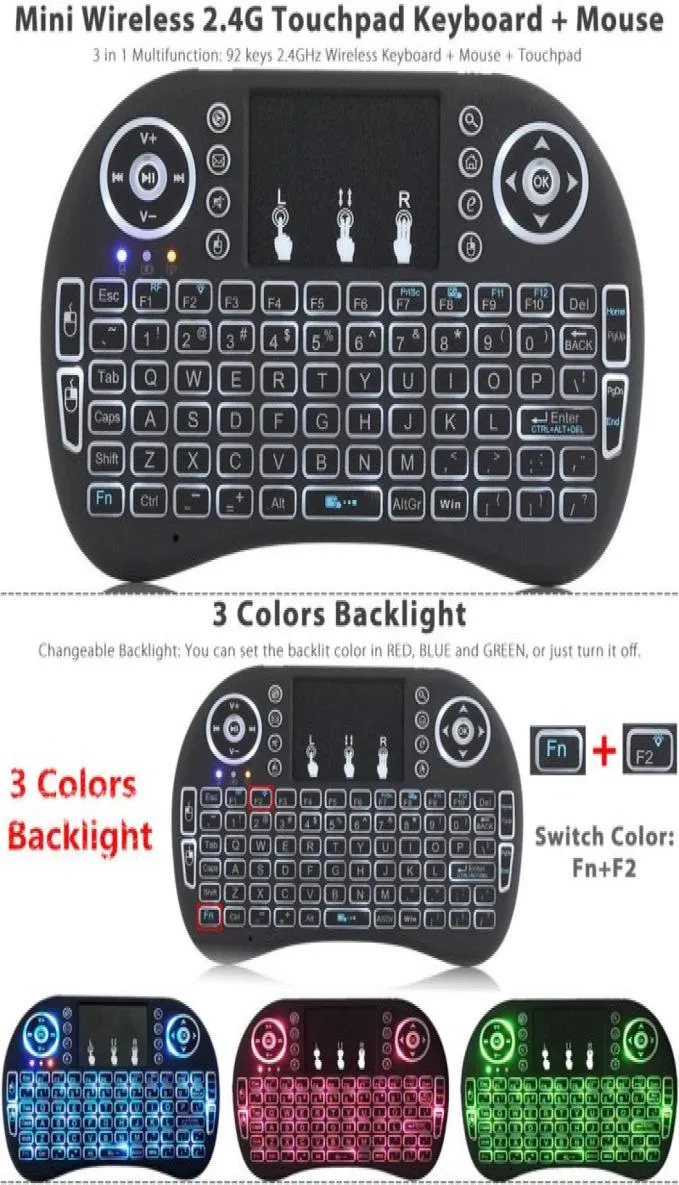 Clavier de jeu I8 Mini Mouse sans fil 24g Papier à main de la main de la main et batterie rechargeable Air Air Mouse Remote Contrôle avec 7 couleurs 3625842