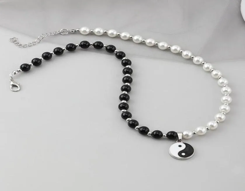 Chokers Round Pearl Beads Yin Yang Taichi Pendant Stainless Steel Chain Unisex Necklace Couple Jewelry Women Mens7952221