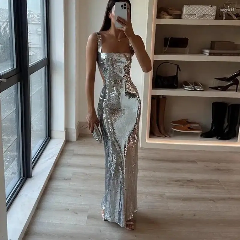 Casual Dresses Silver Tight Fitting Long Dress Sexy Sling Backless Silvery Maxi For Women 2024 High Waist Bodycon Sleeveless Robes