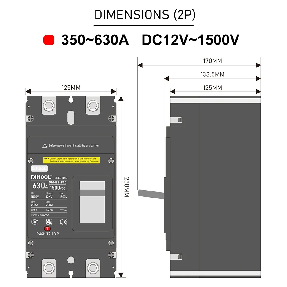 DC MCCB Circuit de boîtier moulé Brexer 2P 12V 24V 1000V 1500V 100A 200A 250A 400A 630A Protéger du système photovoltaïque de batterie