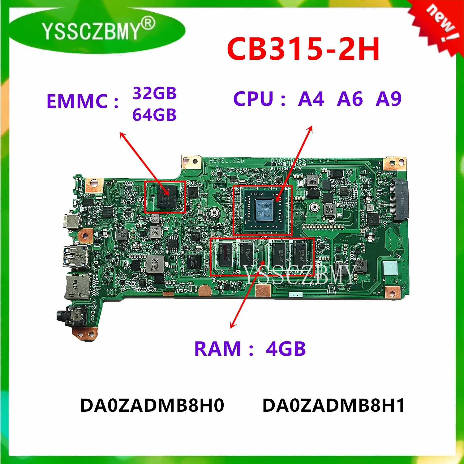 Carte mère NBH8S11004 / NBH8S11008 Boîte principale pour Acer Chromebook CB3152H Motherboard Da0zAdMB8H0 / DA0ZADMB8H1 avec CPU A49120C 4GB 32G / 64G