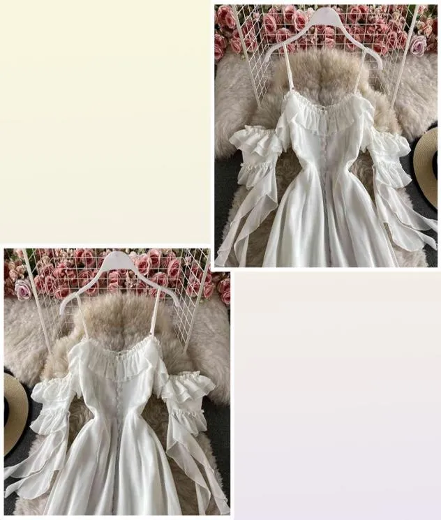 Sommer weiße lange Dres sexy aus Schulter trägerloser Rückenless Ruffle Strandkleider elegante Damen Maxi Vintage Robe 2106022358686