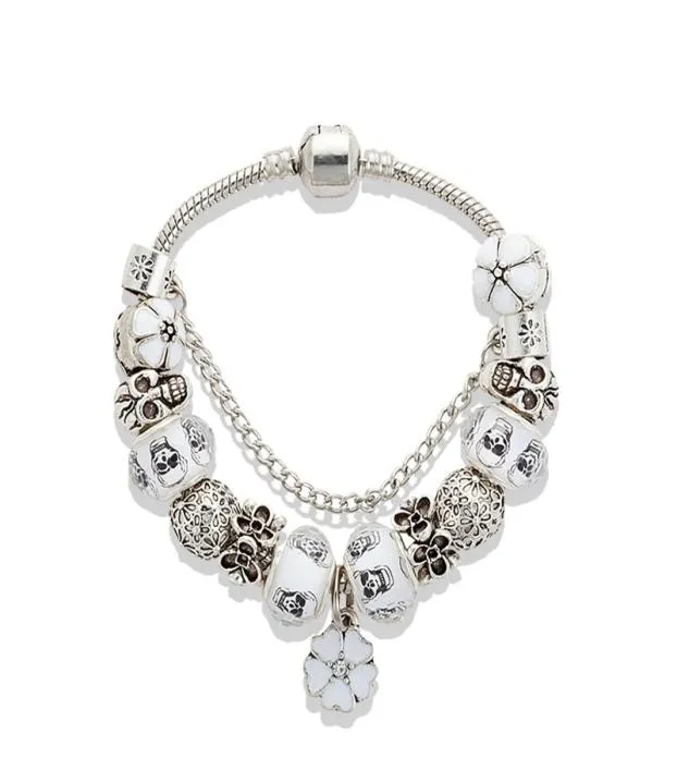 Fashion White Flower Pendant Armband Luxury Designer Silver Plated Original Box Set Lämplig för DIY Skull Beaded Armband Holiday2460682