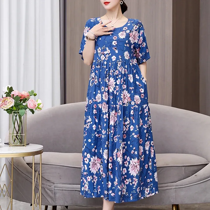 Модные женщины летние платья хлопковые винтажные платья vestidos plus size casual print aline с коротким рукавом Femme 240412