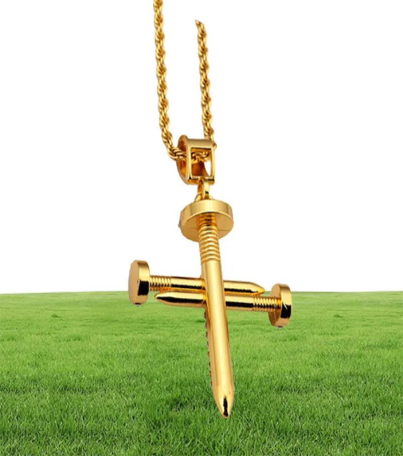 Nail Cross Necklace Pendants Gold Color Bling Bling smycken för män Kvinnor Hip Hop Charm Rope Chains7095902