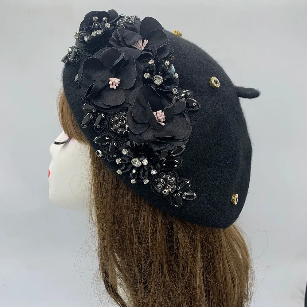 Luxury Womens Winter Beret Hat Rhinestone Floral... From  display picture 2