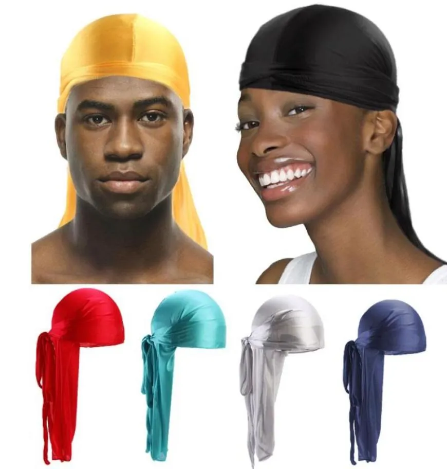 Bandanas Satin Men Stretchy Cap Hip Hop du Doo Rag Durag Wigs Turban Bandana Headwear Color Long Hat Tie Down Tail Hair Acce6184464