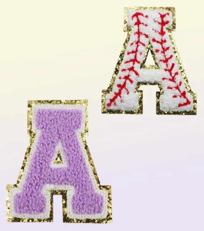 Bepaal Witte letter Alfabet Patch Glitter Chenille geborduurde vlekken voor doe -het -zelf kledinghoeden Jacker op accessoires Applique6952864