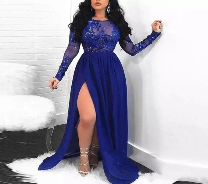 Sparkly Royal Blue Prom Dresses Appliques Long Sleeve Side Slit Floor Length Modern 2019 High Split Party Gowns Evening Dress Cust2959310