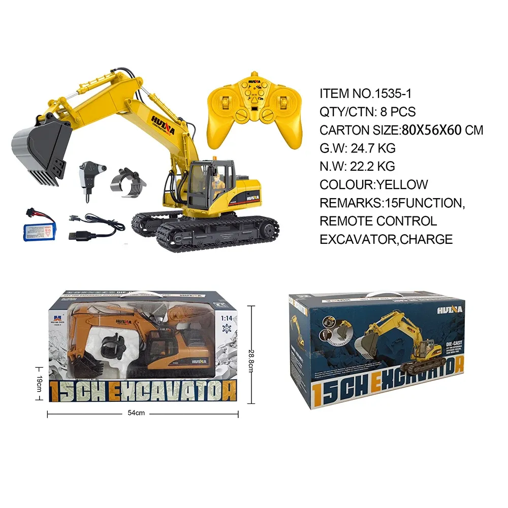 Huina 1535-1 Remote Control Engineering CAR Semi-legering speelgoed Remote Control Electric Excavator met grijperboor Boor volwassen speelgoedcadeau