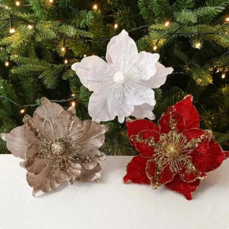 Decorative Flowers 22cm Champagne Flower Pendants Xmas Tree Ornaments Merry Christmas Decoration Happy Year Accessories