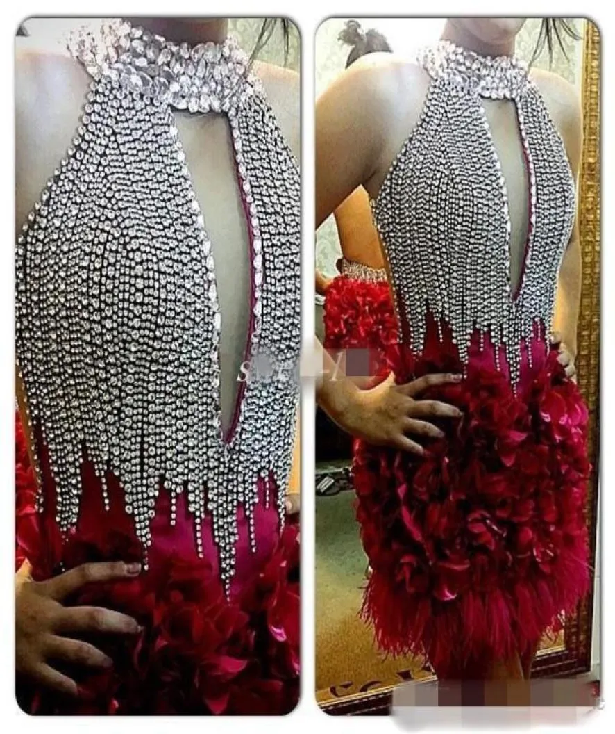 Nuevos vestidos de cóctel de cóctel con cuello alto cristales longitudes de rodilla 2019 Vestidos de ocasión con plumas 3d hecho a mano F9145085