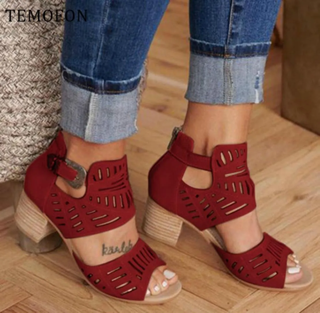 Temofon New Fashion Women Sandals Peep Toe High Heel Sandals Red Black Blue Ladies Shoes Sandalias Mujer HVT1081 CX2006139484953