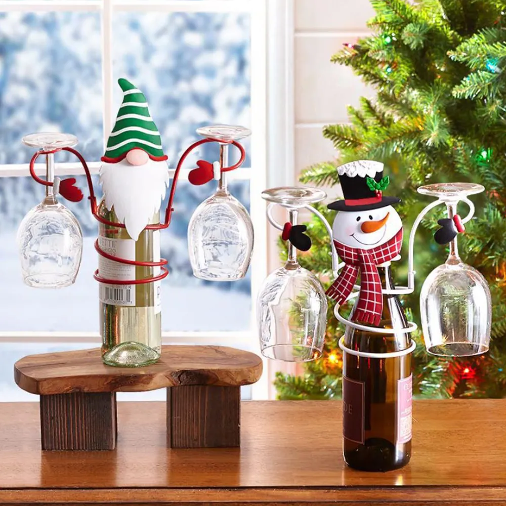 Bouteille de vin de Santa Claus et supports en verre Bouteille pivotante se dresse et tient des verres doubles pour le bar à vin cave à cave