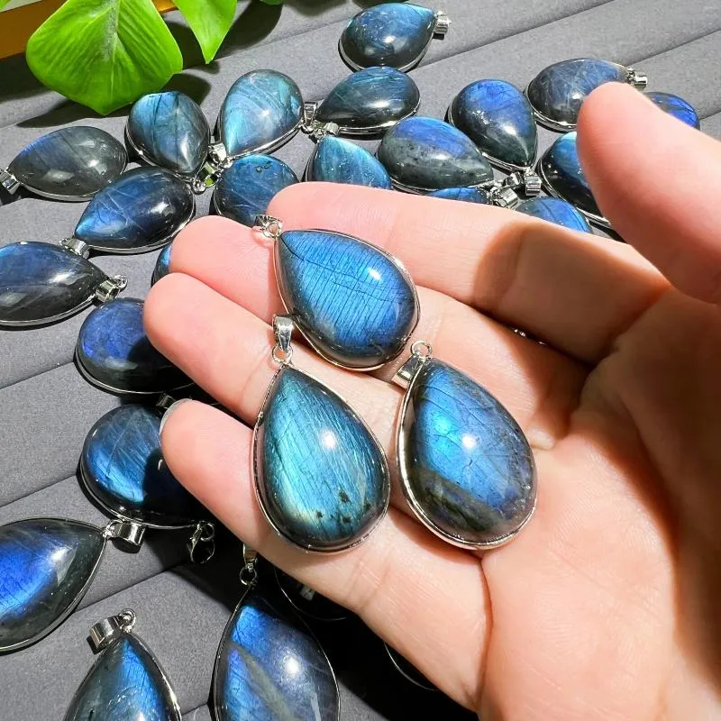 Pendant Necklaces Top Quality Labradorite Copper Plated White Gold Blue Fire Charms Teardrop Jewelry