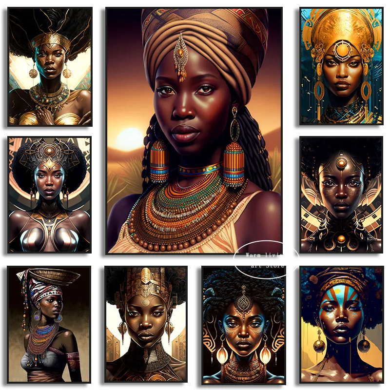 Africain Women Black Gold Jewelry Toile peintures imprimées Wall Art Pictures Nordic Modern Figures Affiches du salon DÉCOR HOME