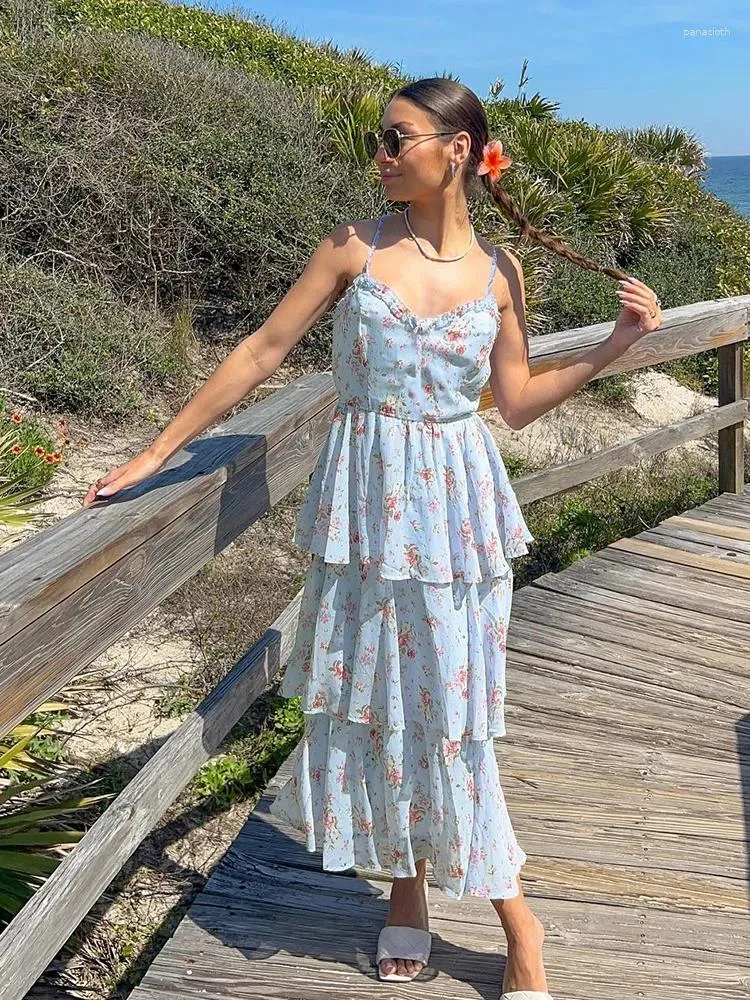 Lässige Kleider ärmelloses floraldrucks gekräuseltes Midi -Kleid Fashion Frühling Sommer Boho Beach Style Schnürung Rückenfreier langer Sunddress elegant