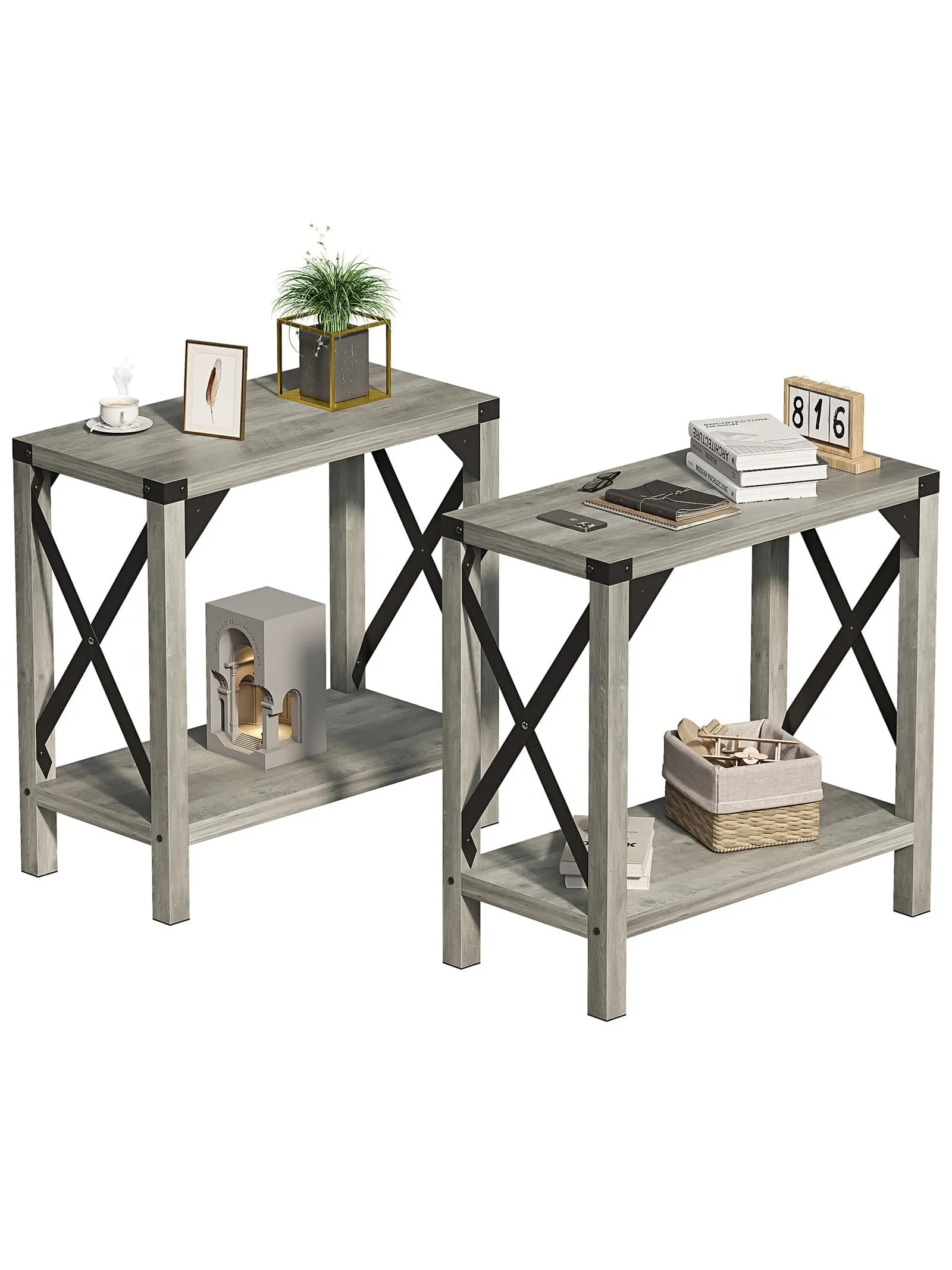 End Table Set of 1/2, Farmhouse Side Table with Storage, Small Entryway Table for Small Spaces Grey End Table for Living Room