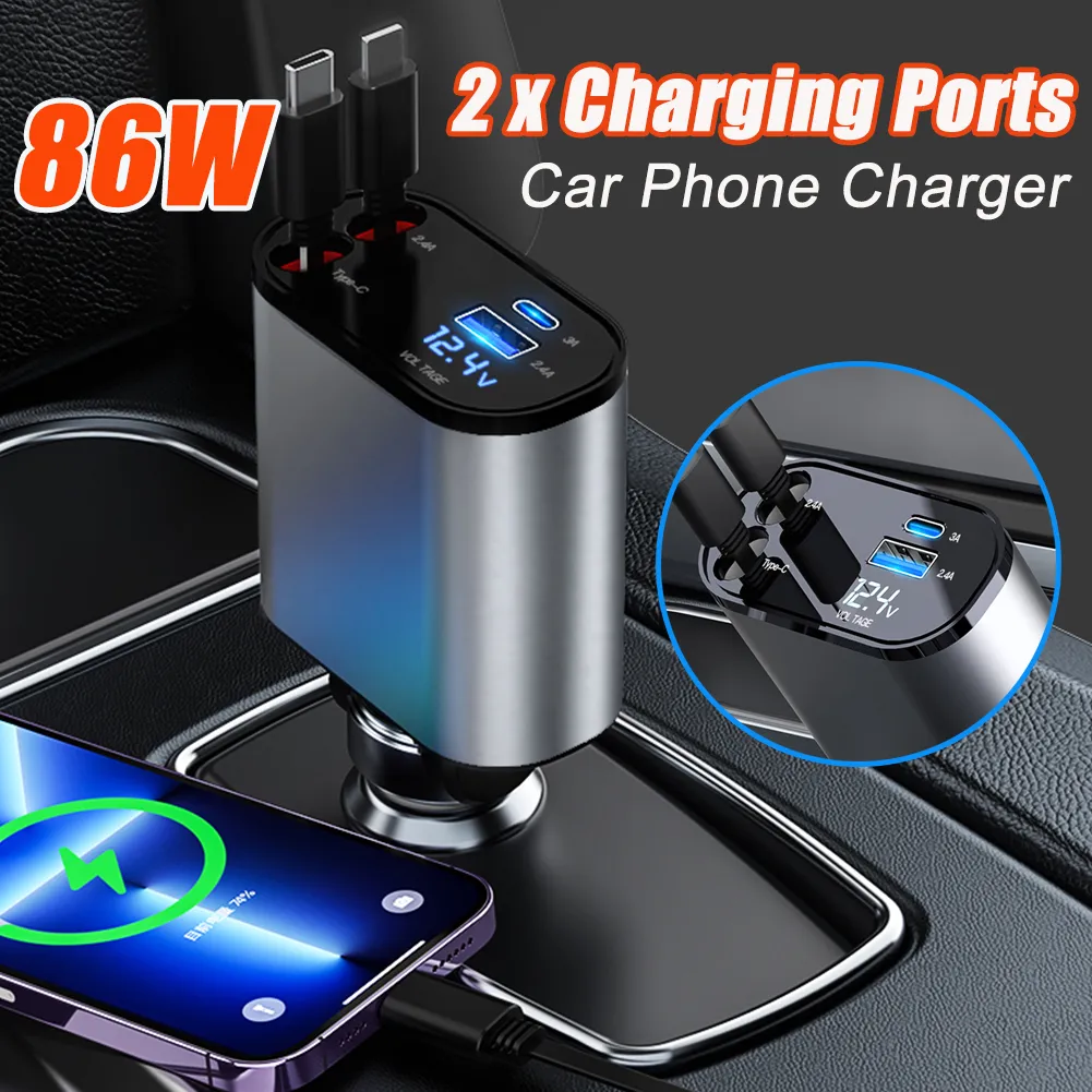 88W 4 IN 1 Retractable Car Charger USB Type C Cable For iPhone Huawei Samsung Fast Charge Cord Cigarette Lighter Adapter