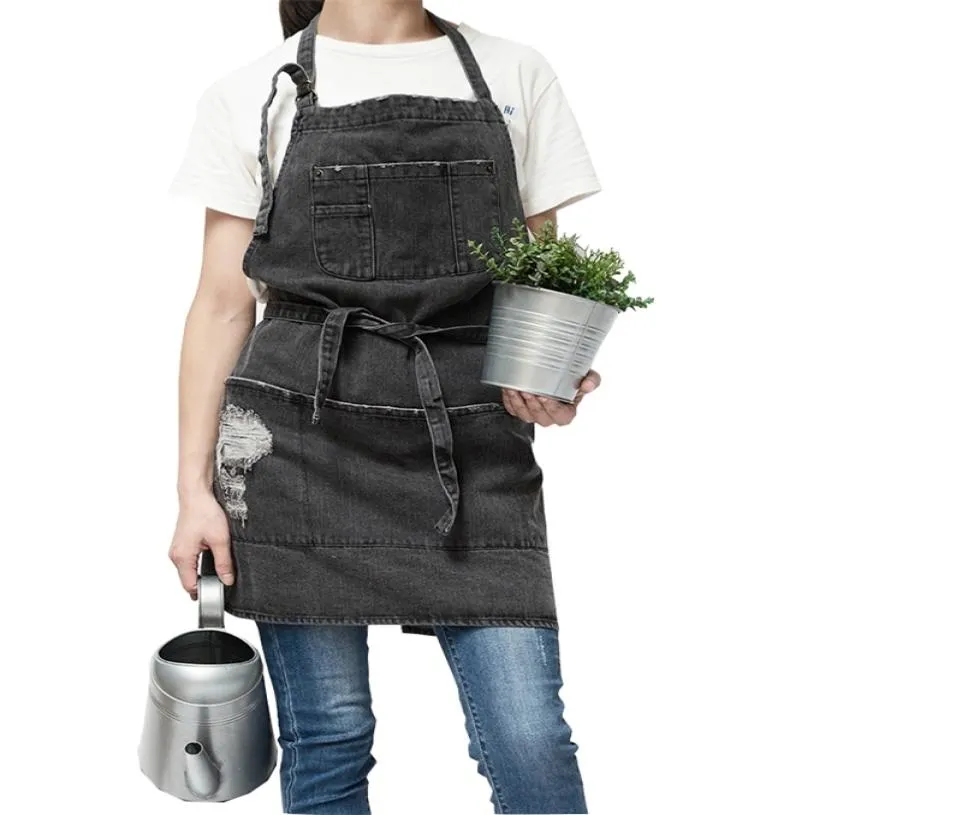 Professiona Korean Adjustable 100 Cotton Denim Apron Kitchen s For Woman Adult Baking Smock Chef Cafe Unisex Jeans 2109041857922