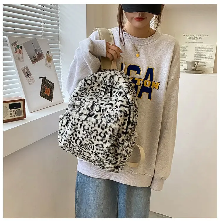 Leopard Fluffy Backpack For Women Y2k Harajuku Style, Retro