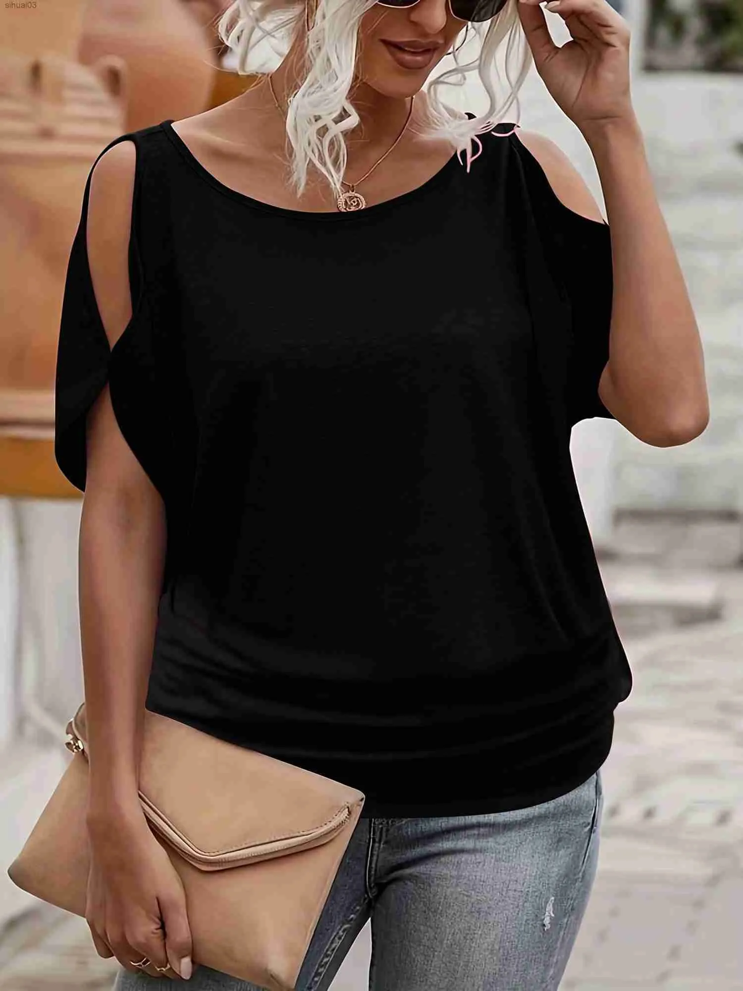 Frauen T-Shirt Plus Size Womens Off-Shoulder Top Summer Crew Nacken kurzärmelig Mode Casual T-Shirtl2403