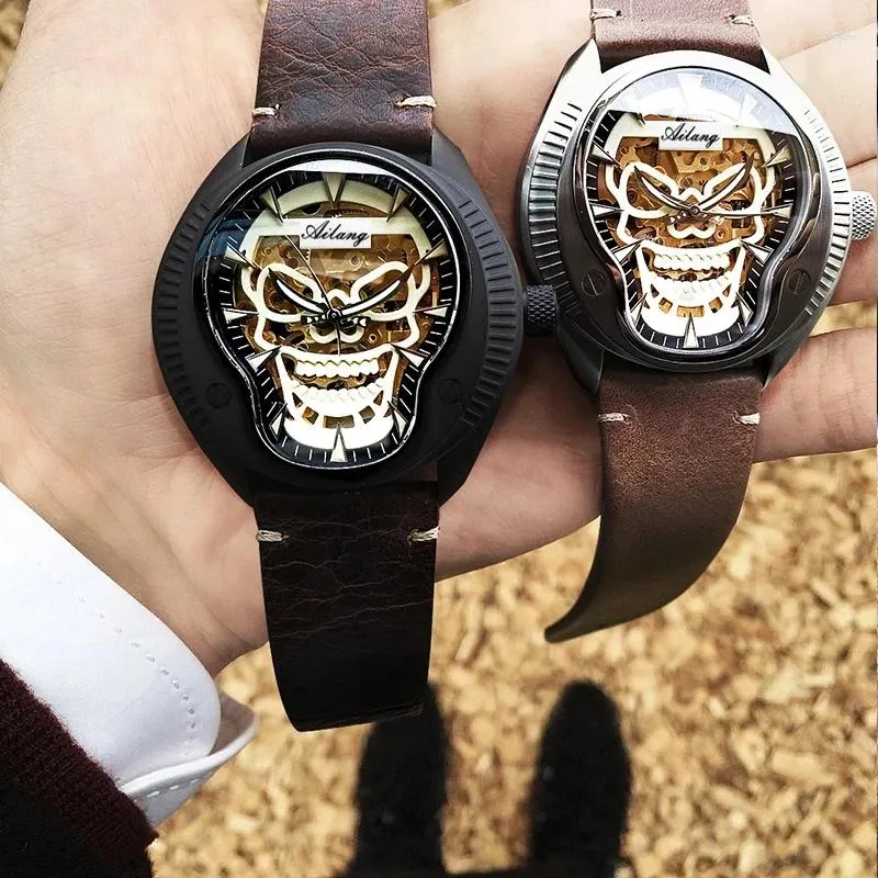 Armbandsur ailang män mekanisk klocka mode skelett hela automatiska äkta läderklockor 2024 klocka steampunk