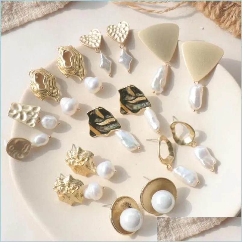 Dangle żyrandol 100% słodkowodne kolczyki z perłami Nieregularne matowe złoto Plane minimalistyczne kolczyki dla kobiet ręcznie robione prezent dhqug