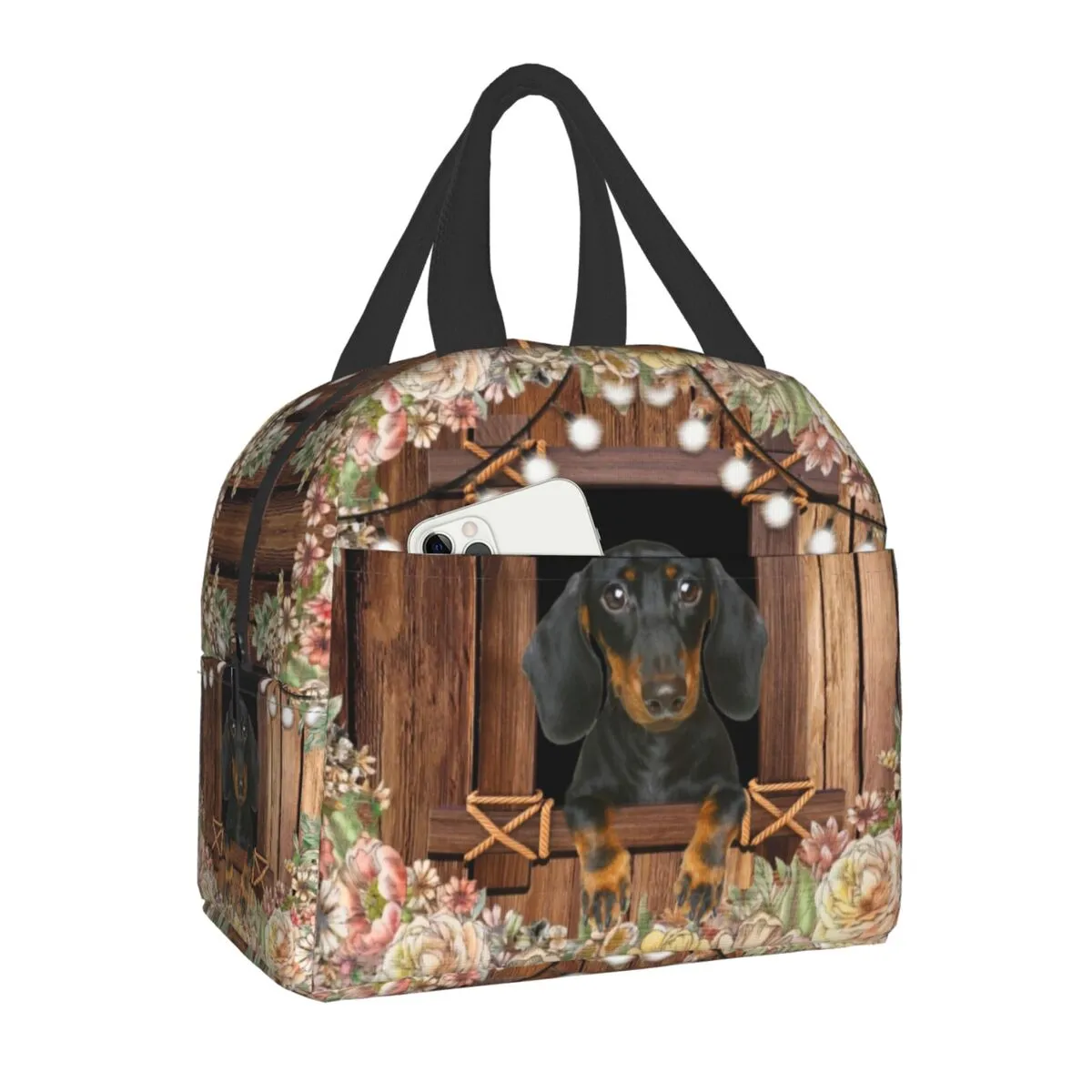 Dachshund hund med blommor lunchpåsar för kvinnor isolerade termiska kylare bento box barnskola mat bärbar picknick förvaring väska