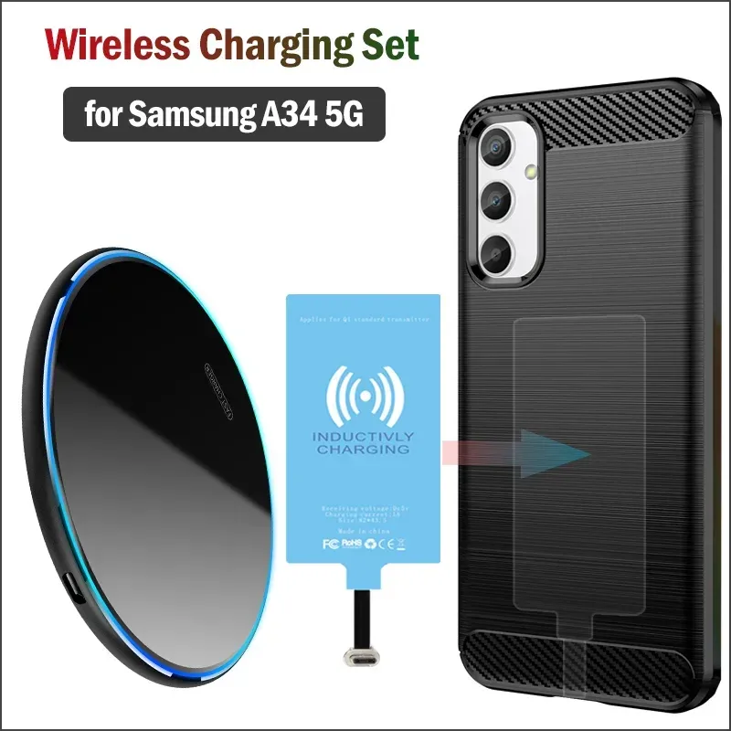 Chargers Qi Wireless Charger+Receiver+Case för Samsung Galaxy A34 5G Telefon trådlös laddningsuppsättning (installera typec -laddare adapter) A34