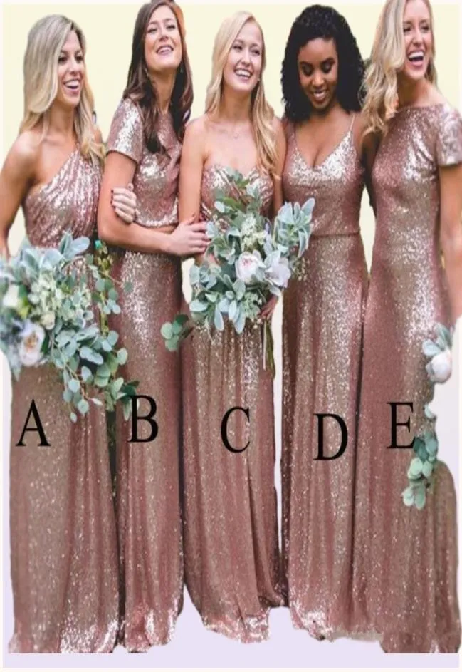 Sparkly Rose Gold paljetter brudtärna klänningar 2019 blandad stil anpassad mantel brudidera klänning prom party klänningar bröllop gäst 9942761