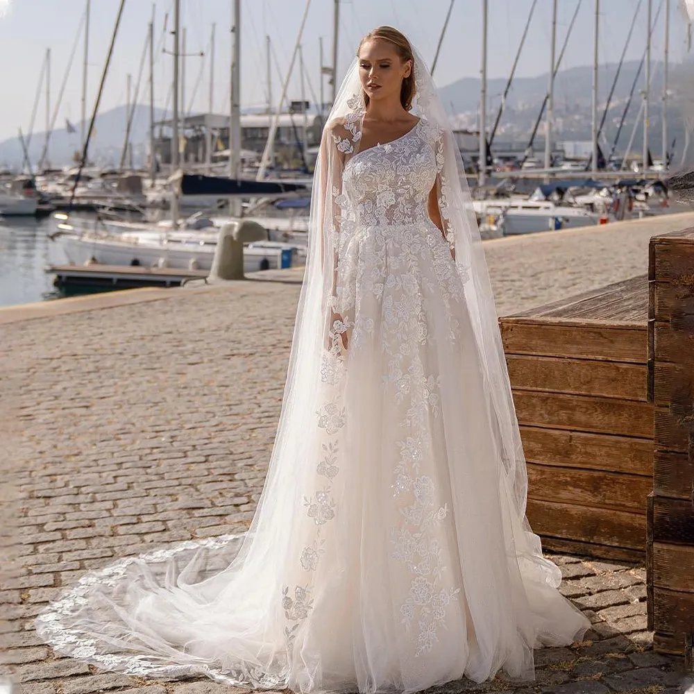 Economize muito em Vestidos De Noiva Fora Do Ombro Renda Boho Vestidos De  Praia De Boho Elegante Applique De Renda De Um Ombro, Vestido De Noiva, - Main Image