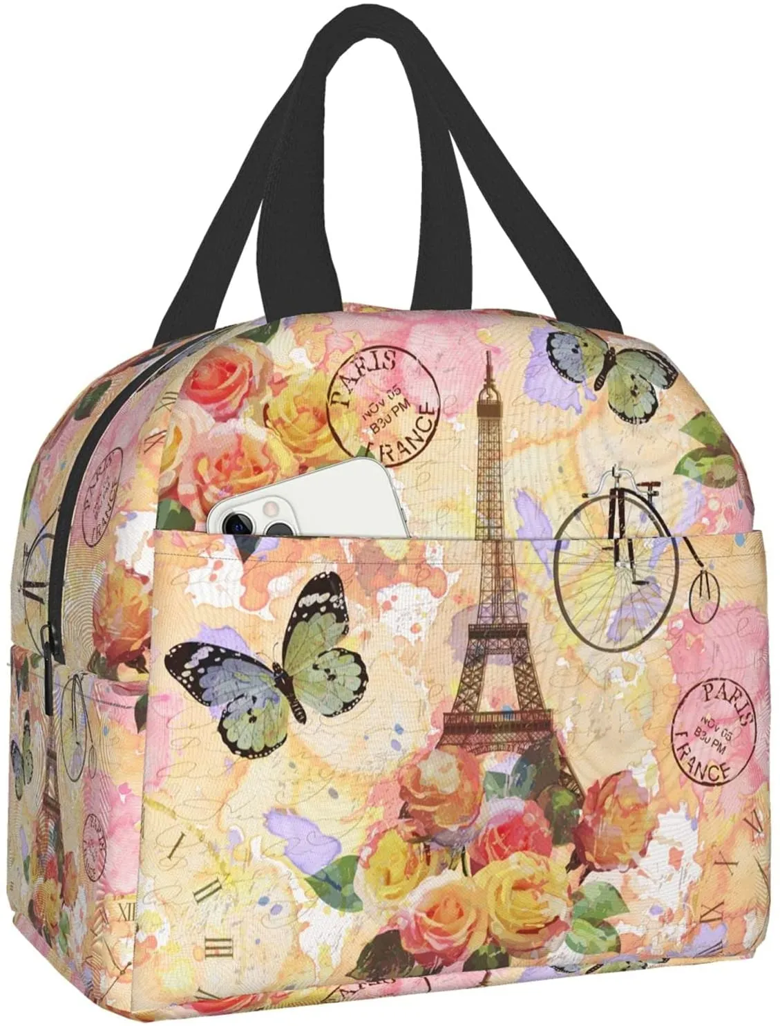 Paris Eiffel Tower Butterfly and Flowers lanch saco compacta bolsa de lancheira reutilizável contêiner para mulheres trabalhos de escritório escolar