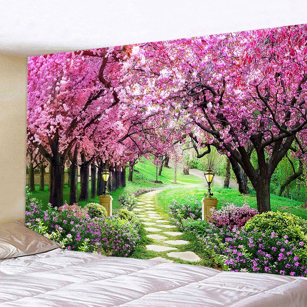 Décor de chambre à coucher esthétique Tapestry Fleurs de printemps Clôture en bois Garden paysage paysage étcandise murale suspendue