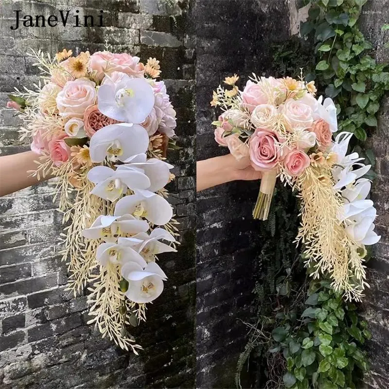 Fleurs de mariage Janevini 2024 Bouquet de mariée en cascade élégante pour champagne rose rose blanche Bride Flore Flore de Novia