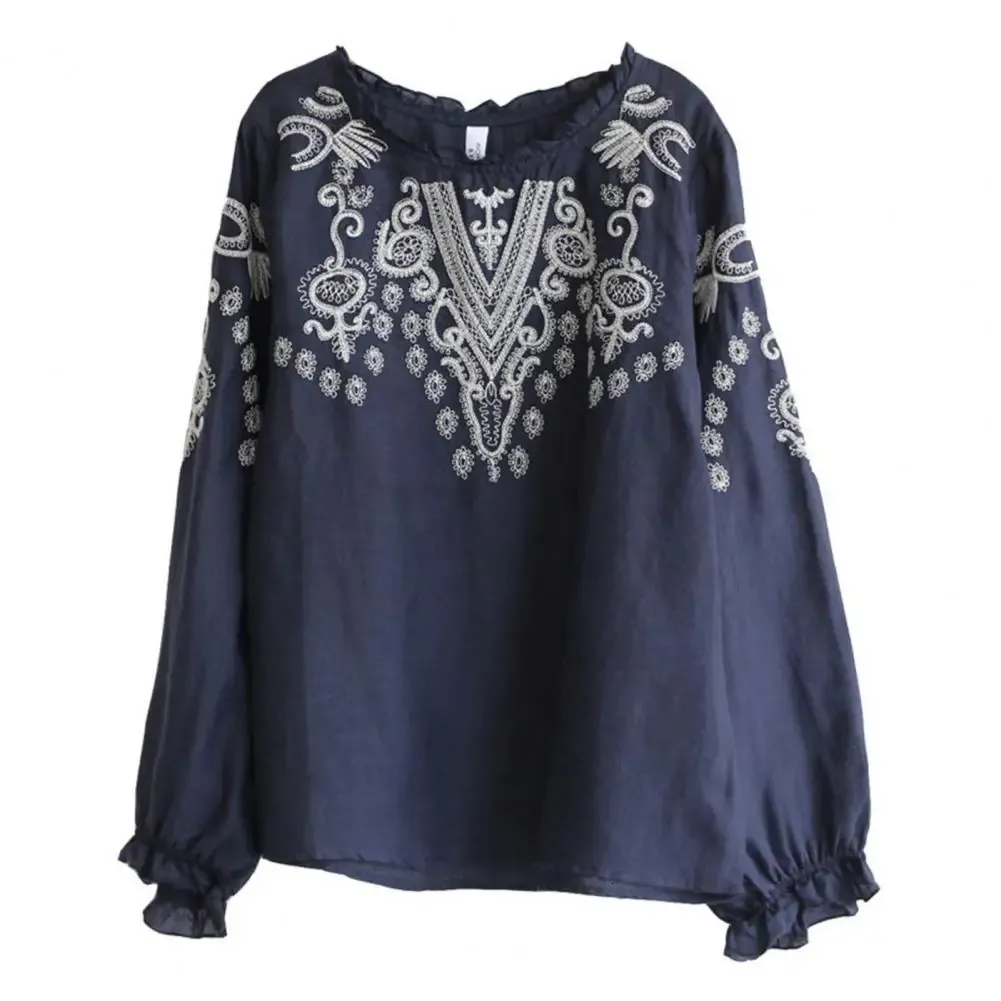 Casual Blouse Fashion Ethnic Embroidery Print Tshirt Top Chinese Style Vintage 240412