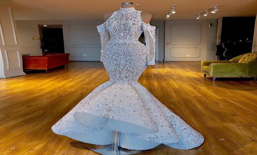 Luxe zeemeermin Prachtige 2019 Afrikaanse Dubai WeddingDresses Hoge nek kralen kristallen bruidsjurken lange mouwen bruidsjurken1846270