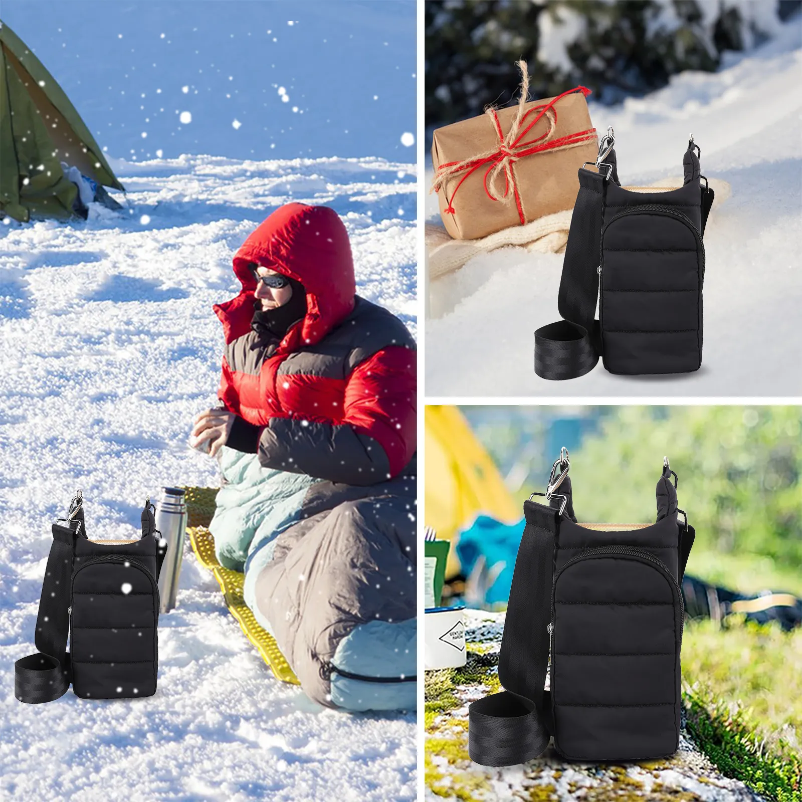 HYPINZI Quilted Water Bottle Holder - Crossbody HydroBag With Strap & Pockets For Travel, Hiking, Gym