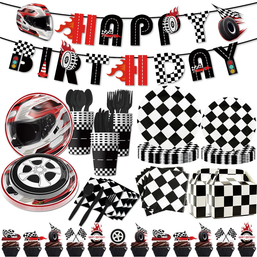 Race Car Party Supplies Car Wheel Plates Custs Napkins Noir Blanc à carreaux Nombre de cours