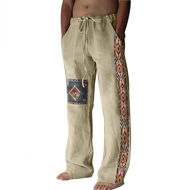 Uomini Casual Tieup Parente Classic Pattern Print Man Cotton Linen Pants Frump Summer Fashion Culle Drive Long Pant 240328
