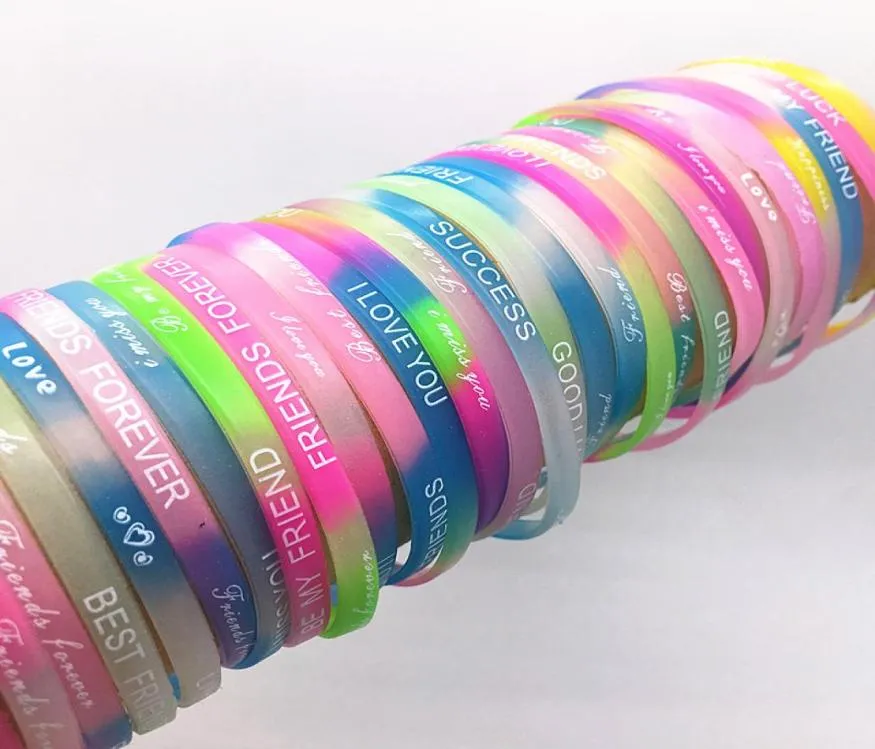 whole 100pcspack mix lot Luminous glow in the dark Silicone Wristbands Bangle Brand new drop Mens Womens Party Gifts3297777