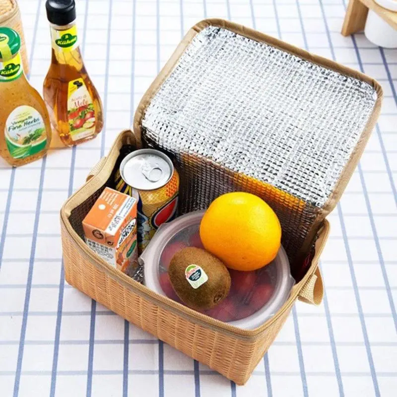 Storage Bags Artificial Rattan Lunch Portable Insulated Box For Picnic Camping Food Container Thermal Cooler Pouch Tote Handbag