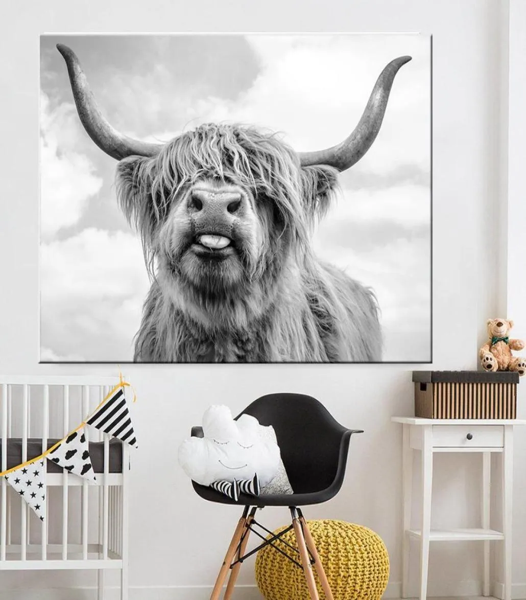 Czarne białe Highland Cow Cow Cow Cow Canvas Art Nordic Paintings Plakat i druk skandynawski obraz ściany do salonu3906320