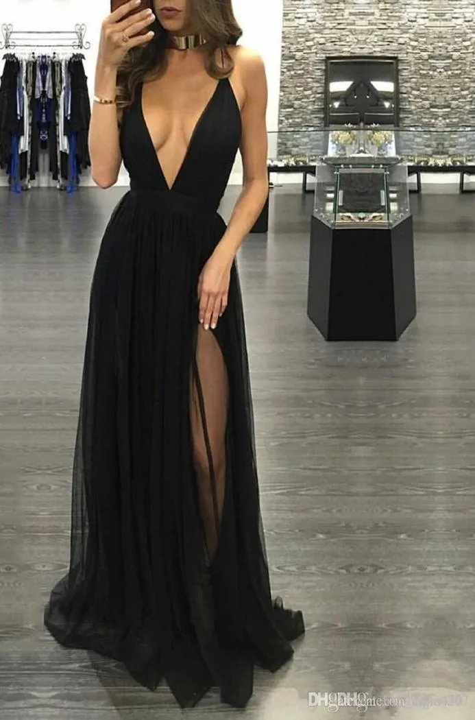 Nuevos vestidos de graduación de alta moda sexy negros profundos vneck sin espalda división de tulles tulles tul sin noche