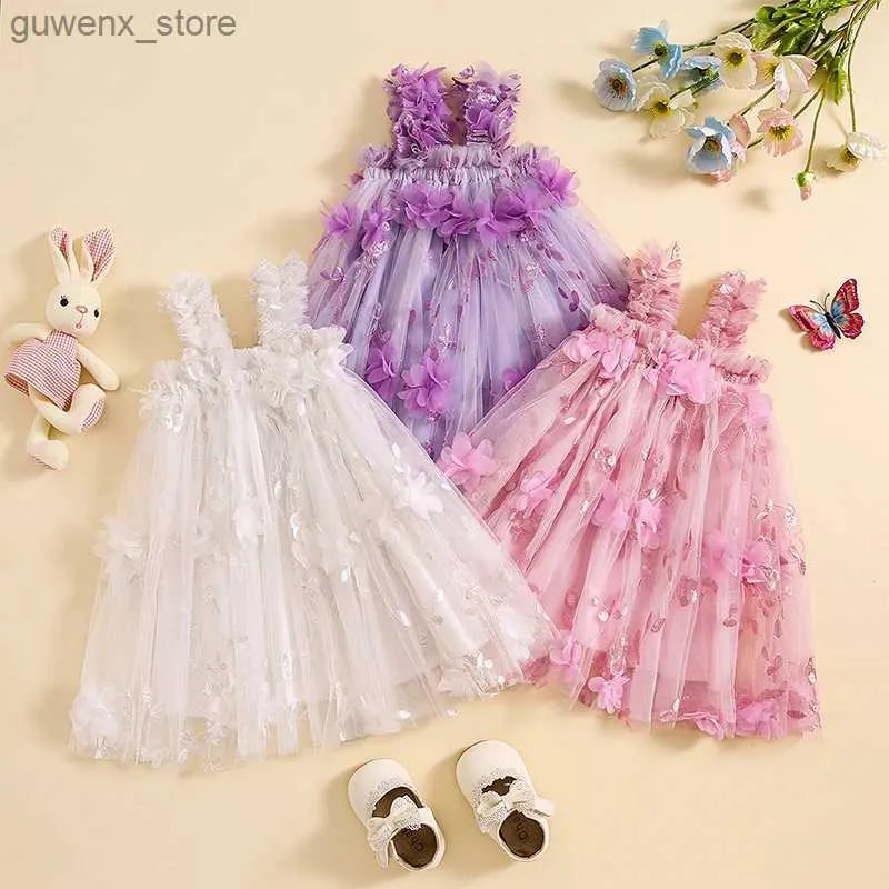 Vestidos de niña niñas pequeñas Cami Tulle Tulle Neck Swleveless 3d Flow Bordery Princess Dress Inquirntler ropa de verano Y240412