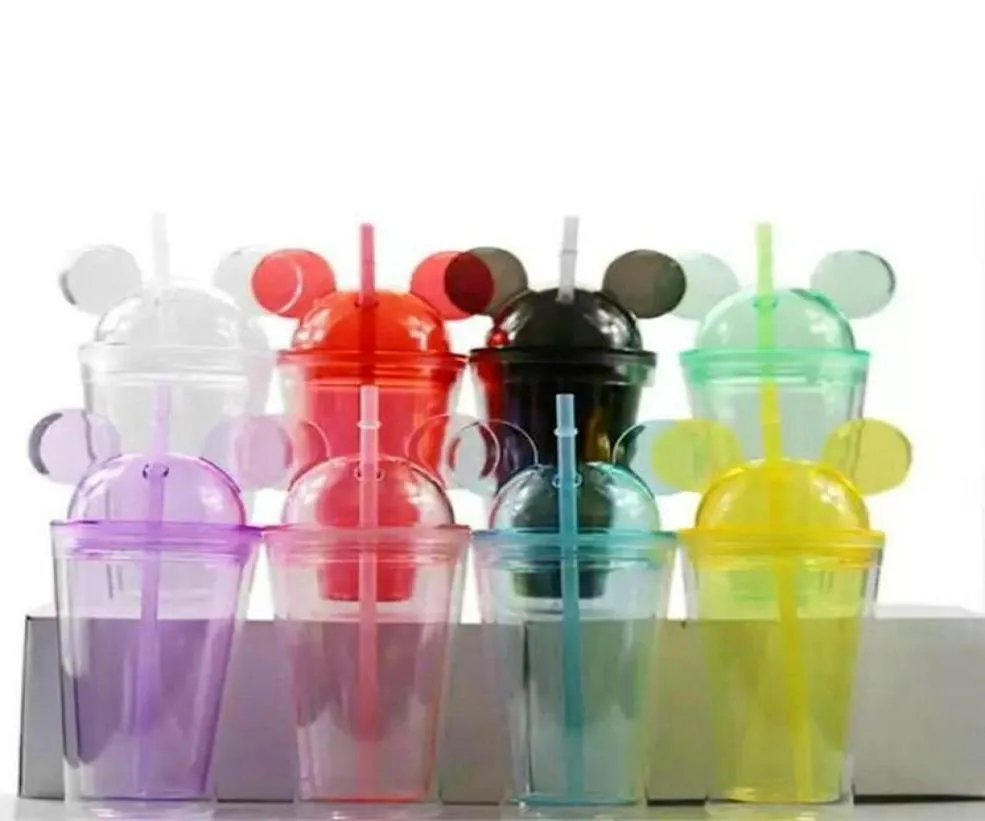 Mokken 8colors 15oz acryl tuimelaar met koepel deksel plus stro dubbele wand doorzichtige plastic tuimelaars muis oor herbruikbaar schattige drankbeker lo7860626