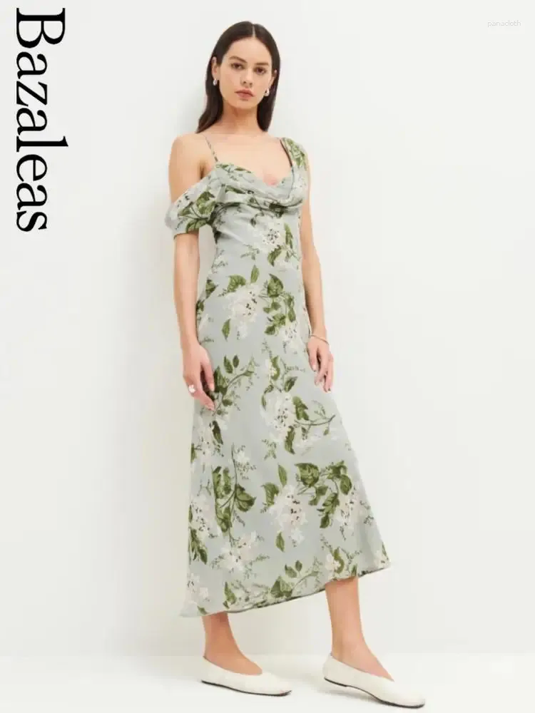 Abiti casual 2024 Bazaleas Elegante abito da donna Ruch Sexy Green Floral Stampa Wome's Chiffon