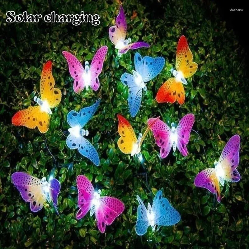 Decorações de jardim 12 LED de fibra solar óptica Butterfly String Decor Light Decor Outdoor Sucatchers