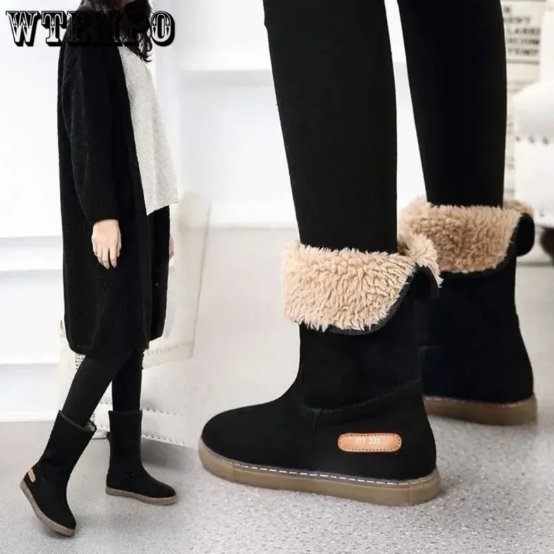 Buty czarne bawełniane buty przeciw poślizgowi grube dno pluszowe ciepłe kobiety płaskie podeszwa śnieżne buty śniegu dwie metody gwintowania