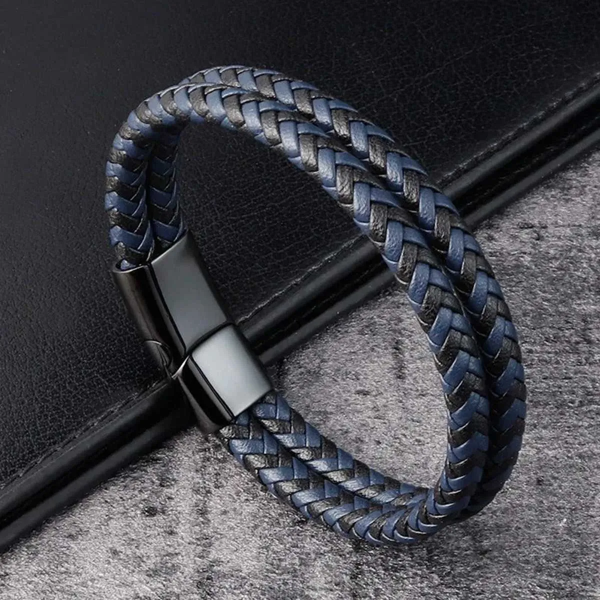 Mens Black And Blue Woven Genuine Leather Bracelet From Olylin